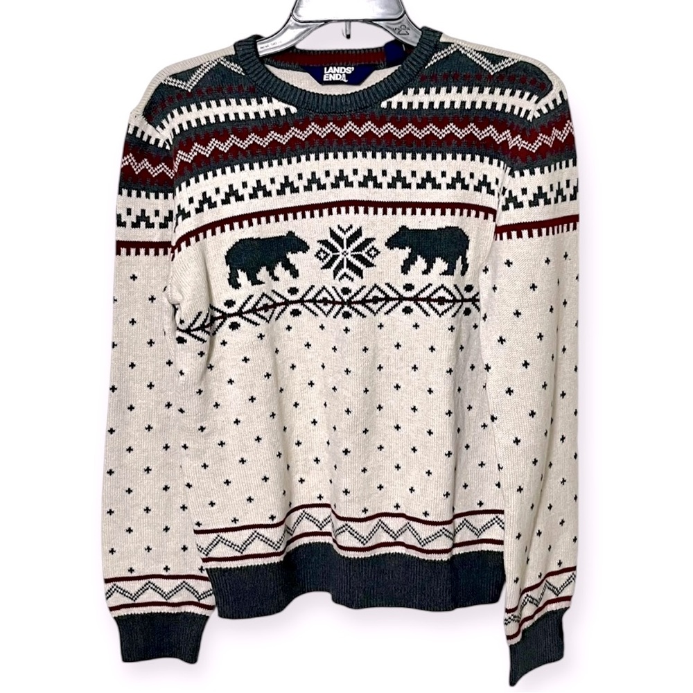 Lands' End Men's Fair Isle Bears Holiday Sweater Size Medium New Cream/Gray